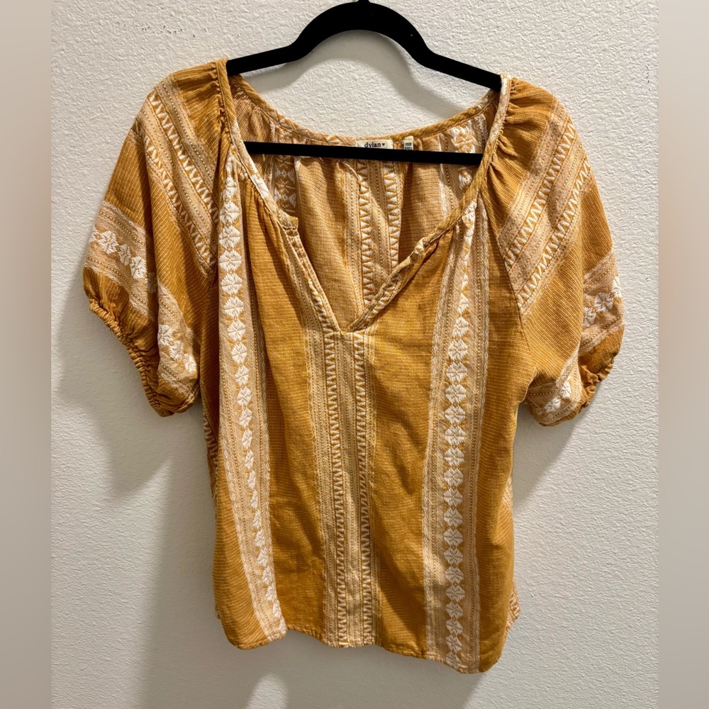 Dylan Boho Embroidered V-Neck Peasant Top - Mustard, size S